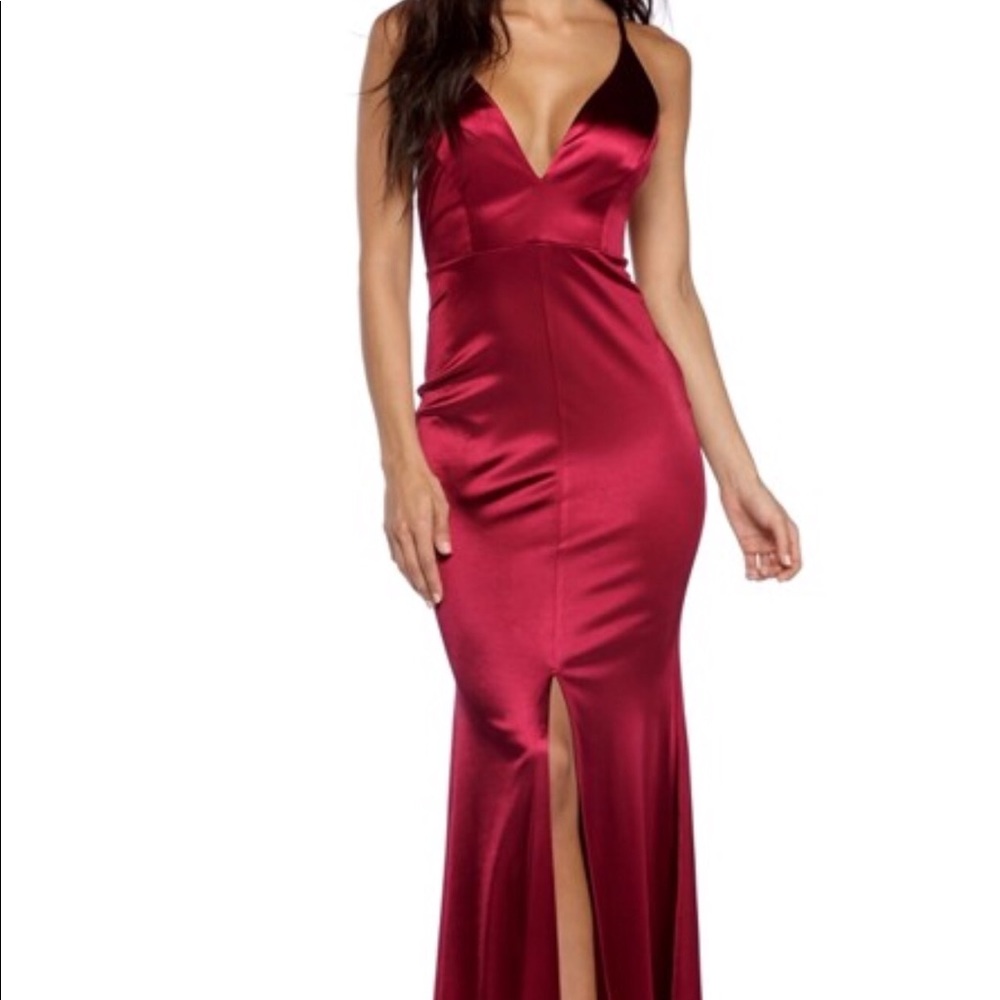 Satin Burgandy Prom Dress with leg slit
